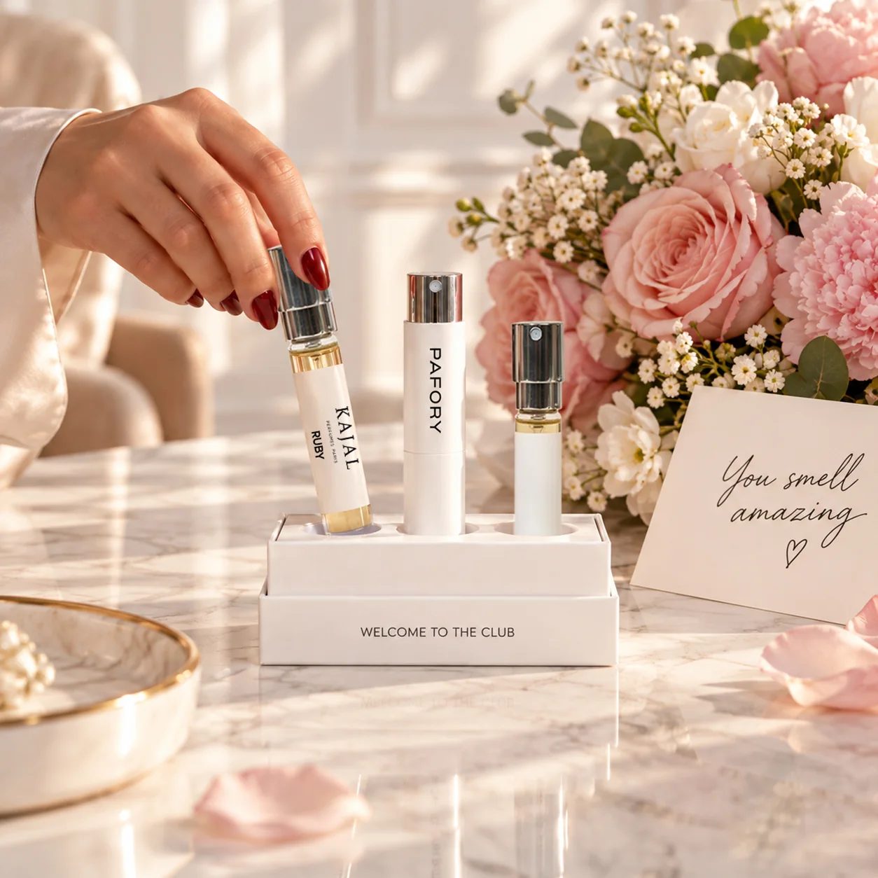 Hand lifting the 8 ml Kajal Ruby scent from the Member Box with the white PAFORY case, next to pink flowers and a card reading You smell amazing